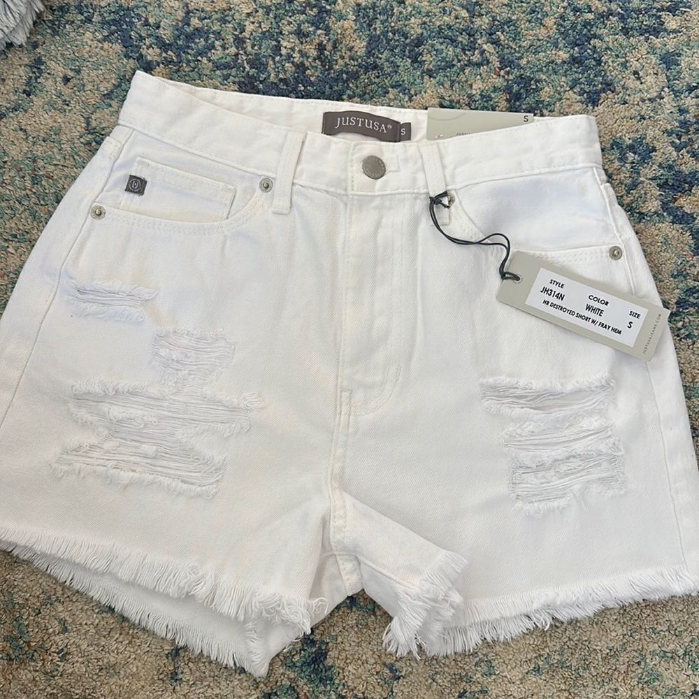NWT Just USA White High Rise Destroyed Fray Hem Jean Shorts